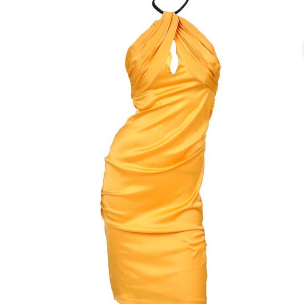 Gucci by Tom Ford yellow ruched  silk leather braided halter dress 6